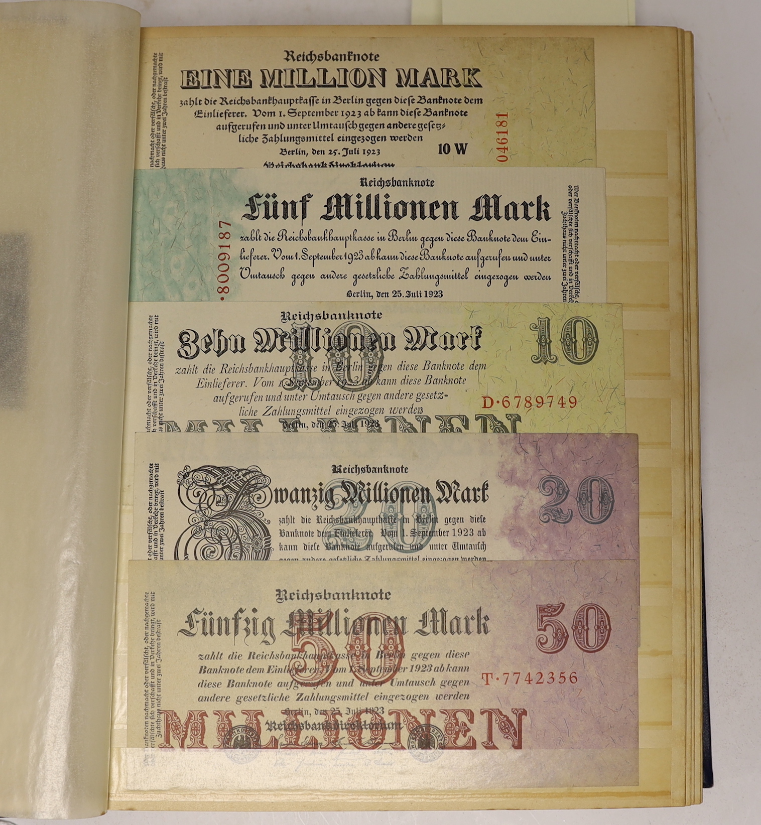 A large collection of German States and City banknotes, 1914-24, and Reichsbank notes from 1904-1948, the majority in near mint condition and a German East Africa one rupee banknote 1 November 1915, in two albums